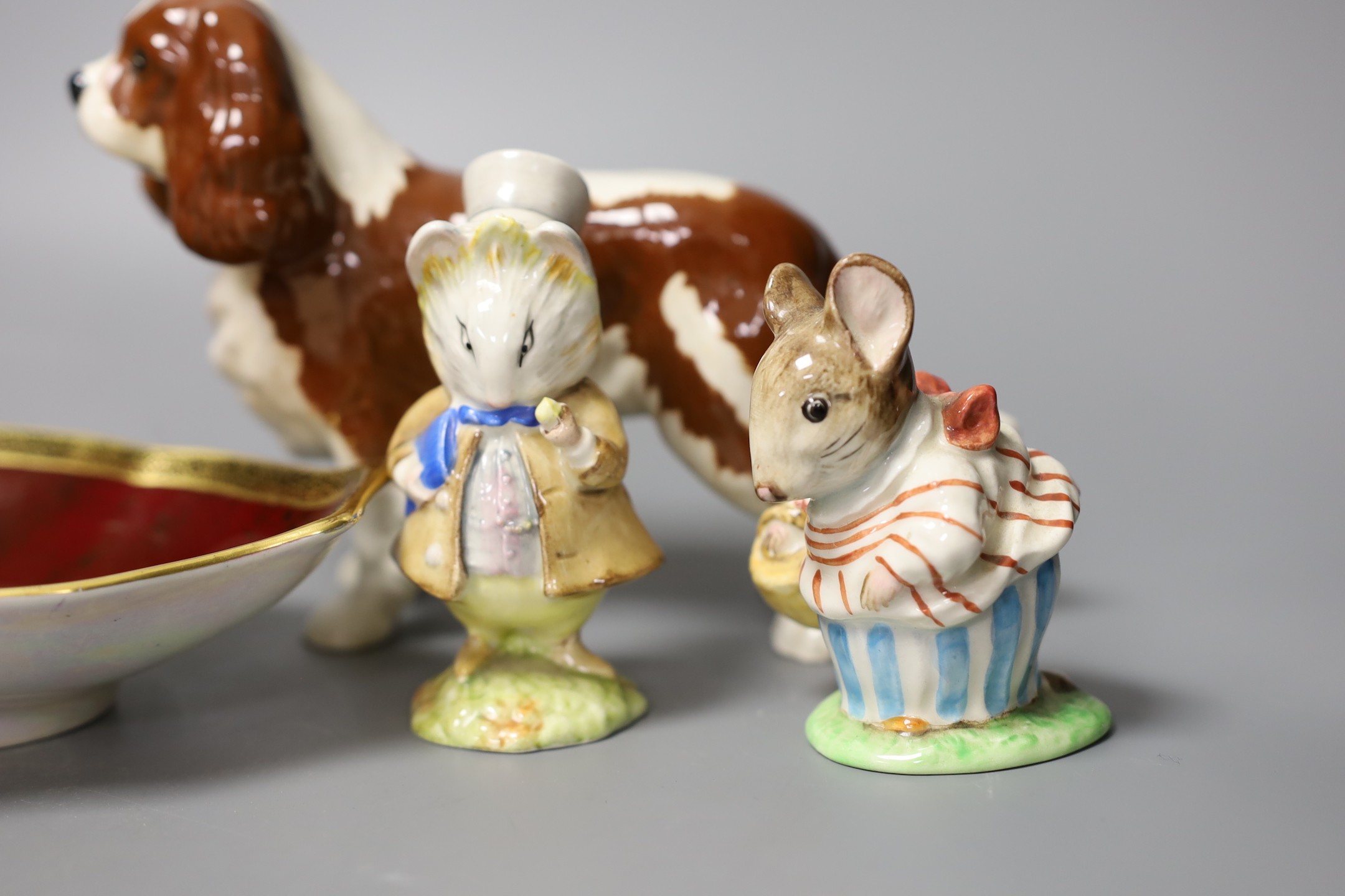Five items of Beswick including three Beatrix Potter figures together with Crown Devon Rouge royal tray